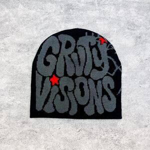 y2k 2000s grunge gothic spiderweb black and gray Grvty visions beanie